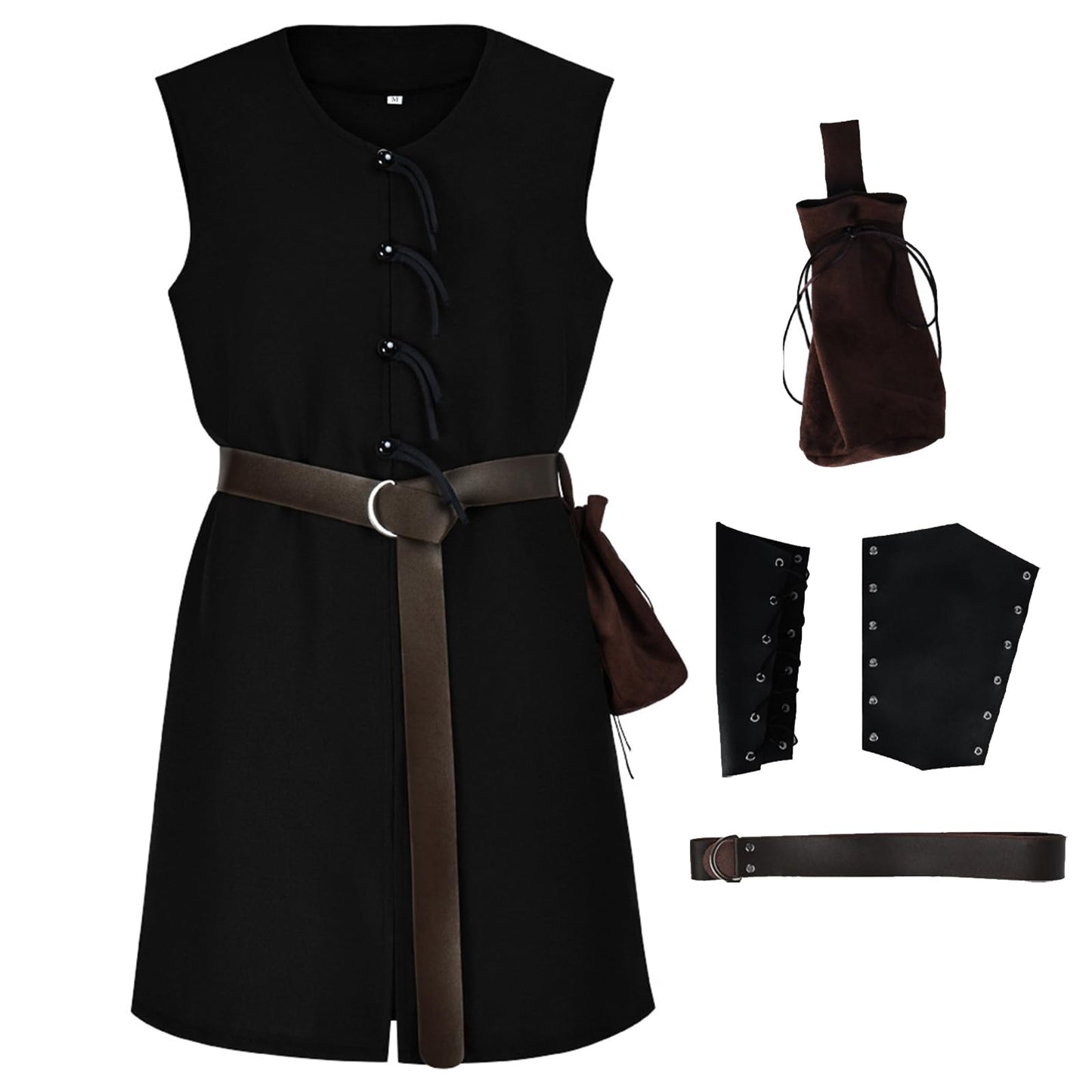 Mens Medieval Tunic Renaissance Pirate Vest Knight Warrior Sleeveless Shirt Halloween Viking Costume with Wristband(Black,S)