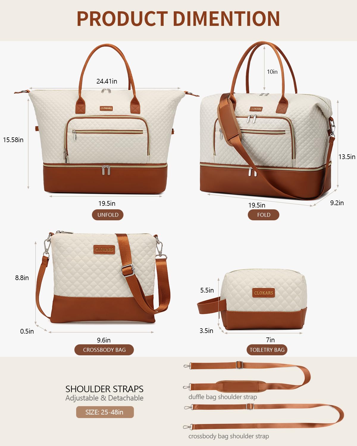 CLOKARS Weekender Bags for Women, Travel Tote Duffle Bag Carry On Overnight Bag with Cosmetics Bag and Crossbody Purse for Gym Hospital, Gifts for Women, Beige Brown