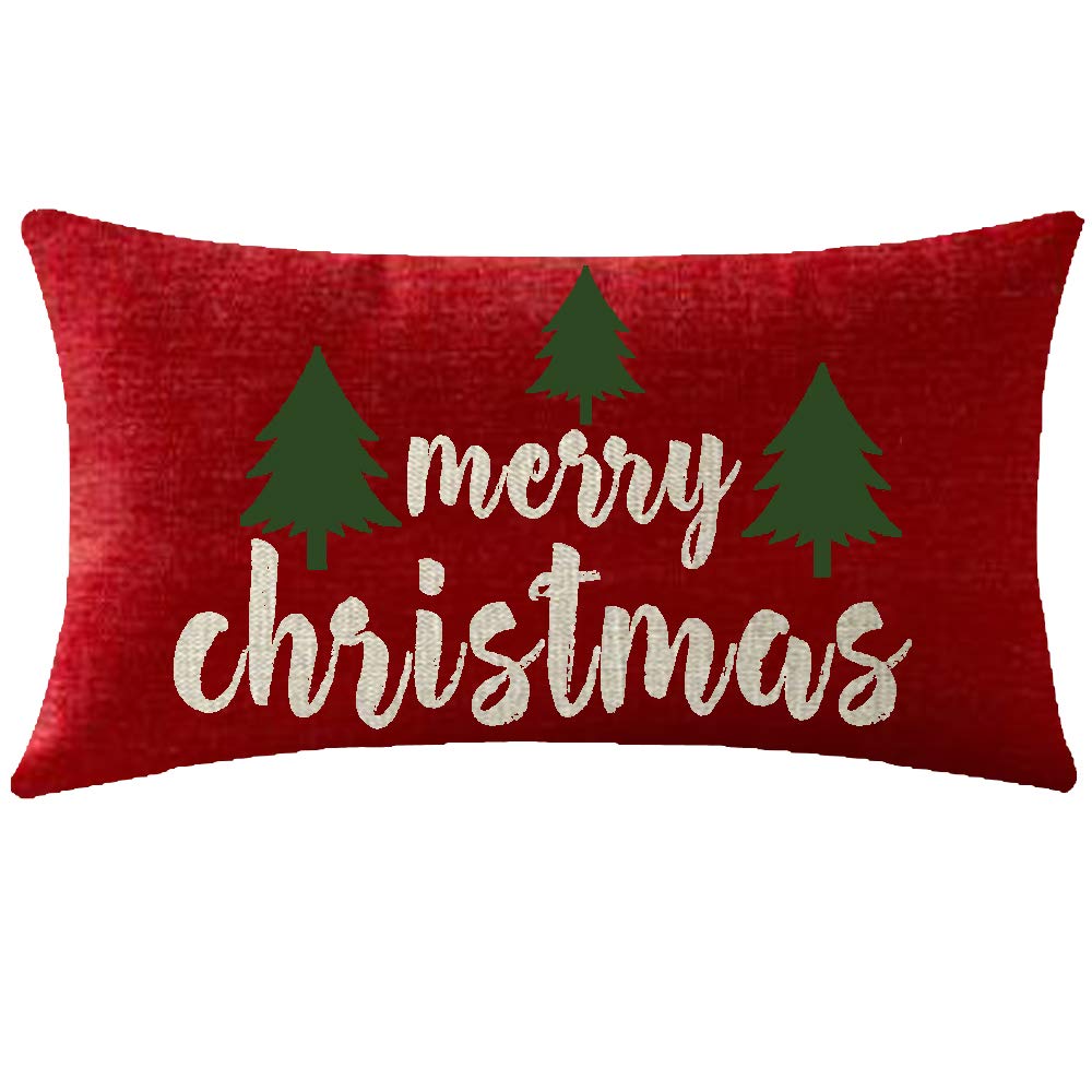 NIDITW Happy Holidays Merry Christmas Trees Red Cotton Linen Throw Pillowcase Cushion Cover Sofa Chair Decorative Rectangle 12x20 Inches (Christmas)