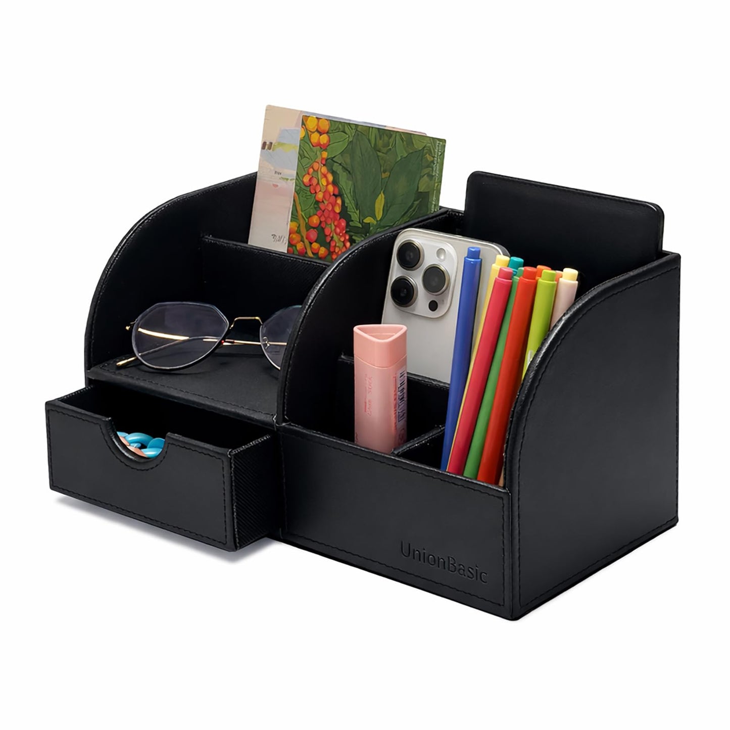 UnionBasic Desk Organizer - Multifunctional Leather Desktop Pen Holder Storage Box - Business Card/Pen/Pencil/Mobile Phone/Stationery Holder, Black