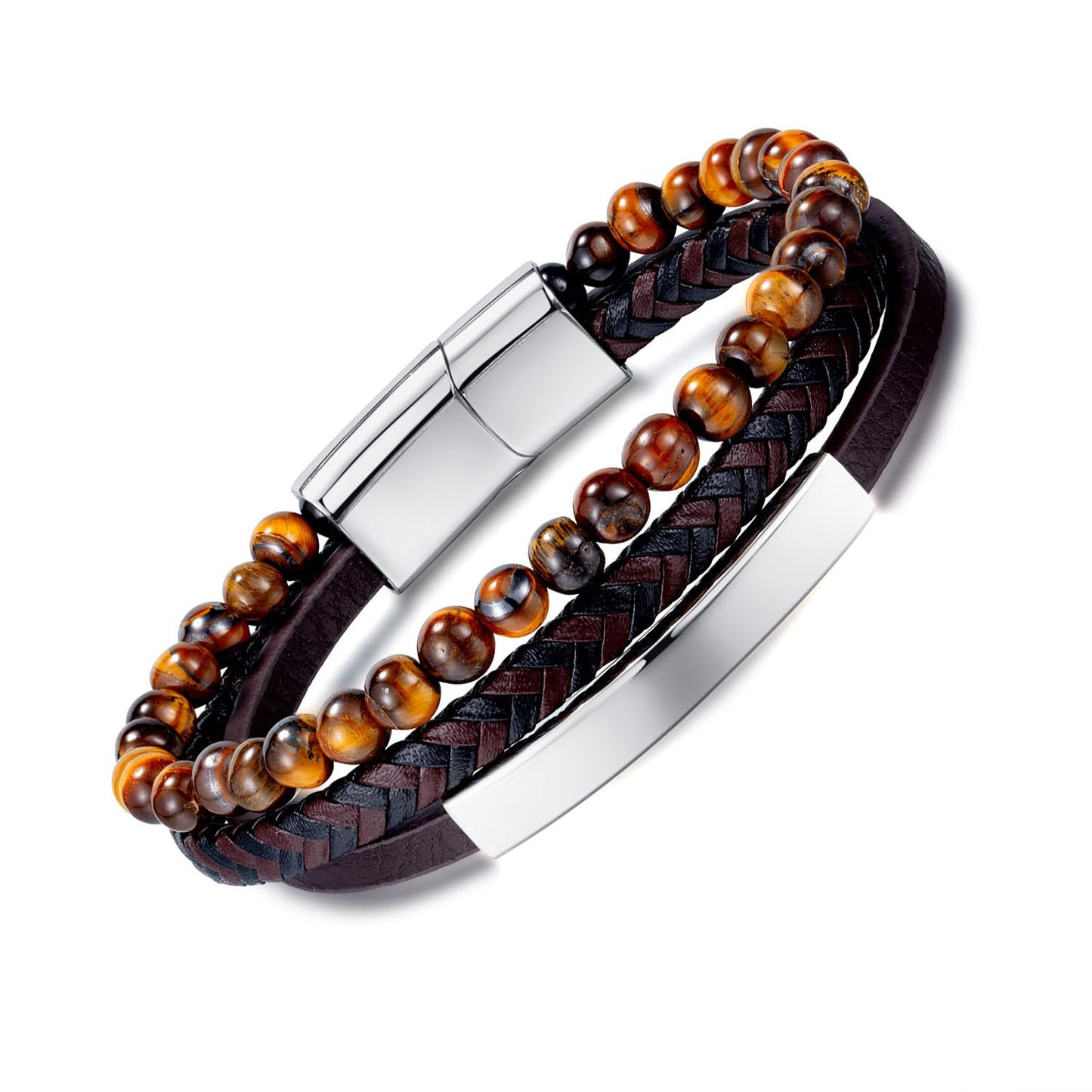 Kim Carrey Italian Handmade Genuine Leather Multi-Layer Cuff Bracelet for Men with Stainless Steel Clip, 8.2" Tiger Eye