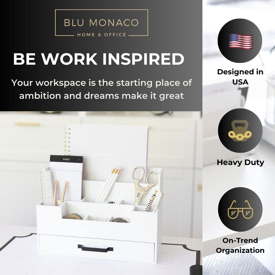 BLU MONACO White Wooden Desk Organizer With Drawer | Desktop Storage With Drawers | Multi-Compartment Desk Caddy for Home Office | 5.7”D x 12.9”W x 9”H Tabletop Accessory Holder