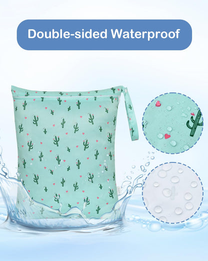 OTraki 2Pcs Waterproof Wet Dry Bags 16x20 inch Wet Bag for Baby, Swimsuit, Cloth Diaper, Daycare With Zippered & Handle Wet Clothes Storage Bag Drying Do Not Exceed 176℉ (Animal & Cactus Pattern)