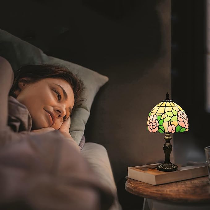 Small Tiffany Table Lamp,3 Color Temperature Pink Rose Stained Glass Table Lamps for Living Room, Dining Room,Bedroom Bedside Nightstand Night Light,W/LED Bulb,8X8X15Inch