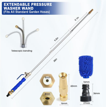 Yiliaw High Pressure Power Washer Wand With 3 Sprayer Nozzle, 38 Inch Garden Hose Nozzle Sprayer Flexible Watering Wand for Gutter Patio Car Pet Plants Window Cleaning Tool (Blue)