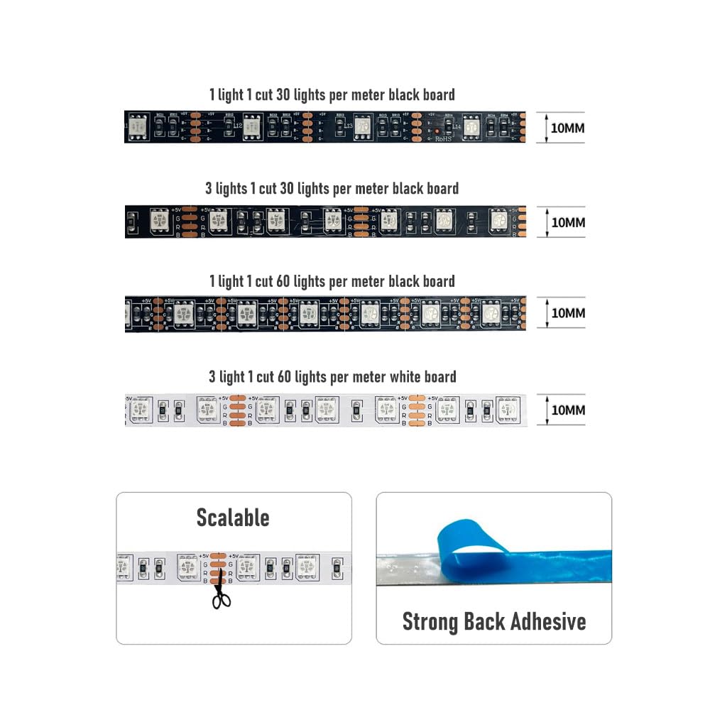 HiCHN LED Strip Lights 16.6 feet (5 Meter) RGB Color with APP and IR Remote 5050 SMD LED 30 Lights Per Meter for Bedroom,Home,TV Backlight with Remote Control (Black, 5 Meter 150 led Lights)