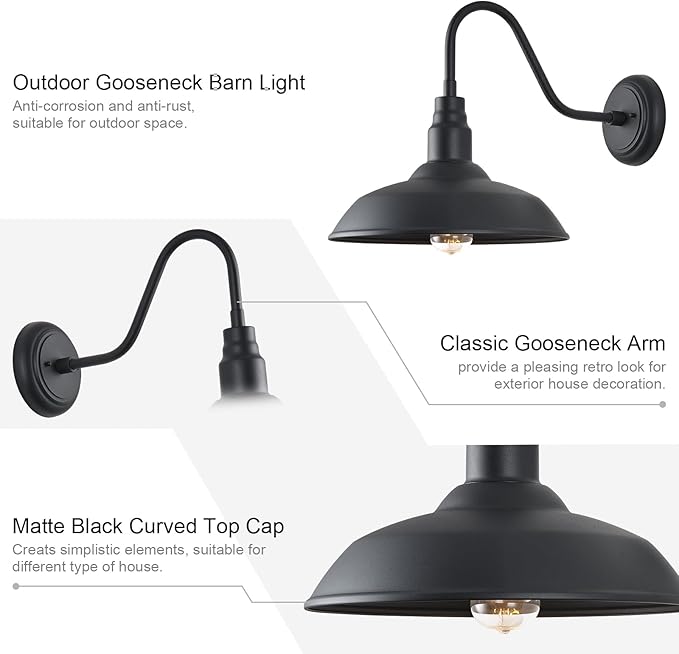 Gooseneck Barn Light with 14in Dome, 4 Pack Large Exterior Farmhouse Light with Wall Mount, Black Outdoor Wall Sconce for Porch Garage Door