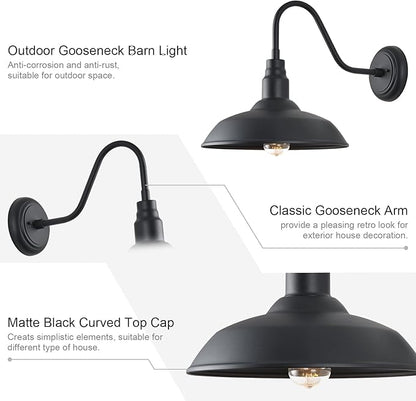 Gooseneck Barn Light with 14in Dome, 4 Pack Large Exterior Farmhouse Light with Wall Mount, Black Outdoor Wall Sconce for Porch Garage Door