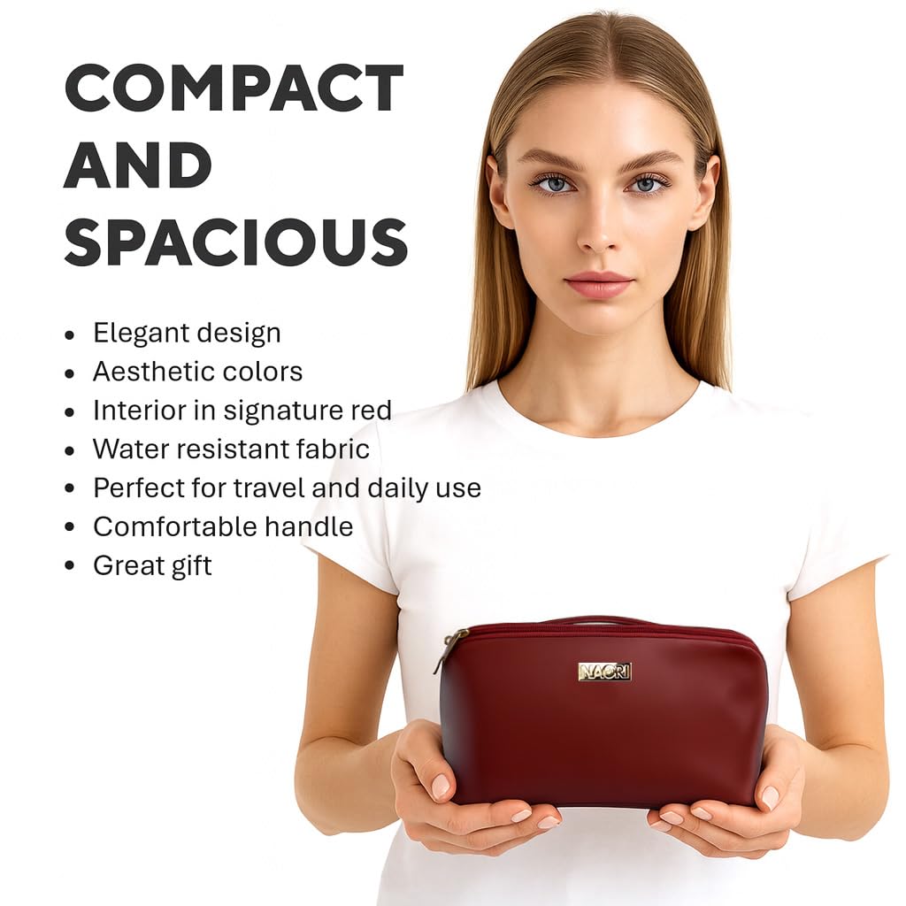 NAORI Travel Makeup Bag for Women | Large Luxury Cosmetic Organizer with Handle & Inner Pockets | Waterproof Faux LeatherToiletry Bag | Makeup Case for Home, Travel & Gifting (Classic Burgundy)