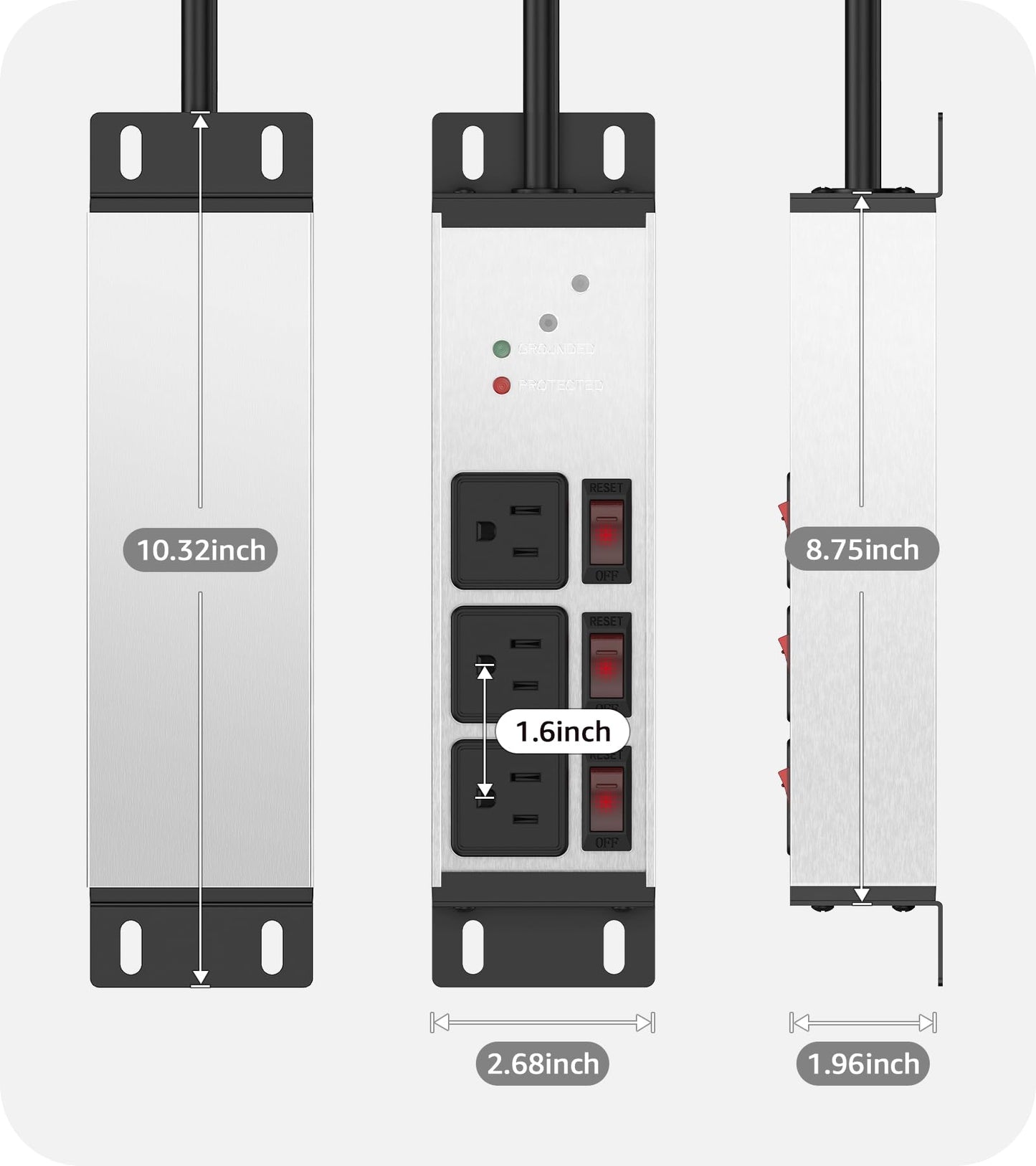 CCCEI 3 Outlet Heavy Duty Surge Protector Power Strip 20 Amp Individual Switches. 12 Gauge Extension Cord, Overload, Ground Protection. Garage Wall Mount Electric Extender, 6FT, Silver.