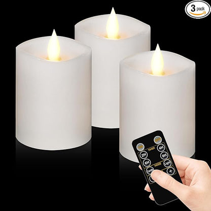 3"x4" Flickering Flameless Candles with Remote Timer- Set of 3 Real Wax White Pillar LED Candles for Indoor/Outdoor Fireplace & Home Decor, Battery Operated with 600+ Hours Flickering (3" Diameter)