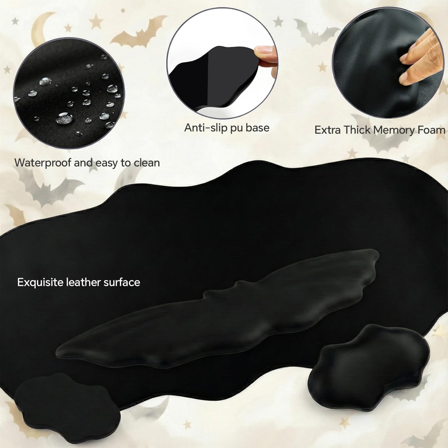 Tscuite Bat Mouse Pad, PU Leather Mousepad, 3 in 1 Keyboard Wrist Rest and Mouse Wrist Rest, Ergonomic Bat Wrist Rest Waterproof Leather Surface, Easy Typing Cushion with Memory Foam for Home Office
