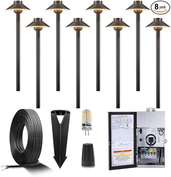 Gardenreet Brass Low Voltage Pathway Lights Kit(8 Pack) 12V LED with 150W Low Voltage Transformer and Mechanical Timer and 100 Feet Wire and 40Pack Connectors for Outdoor House Garden Sideway