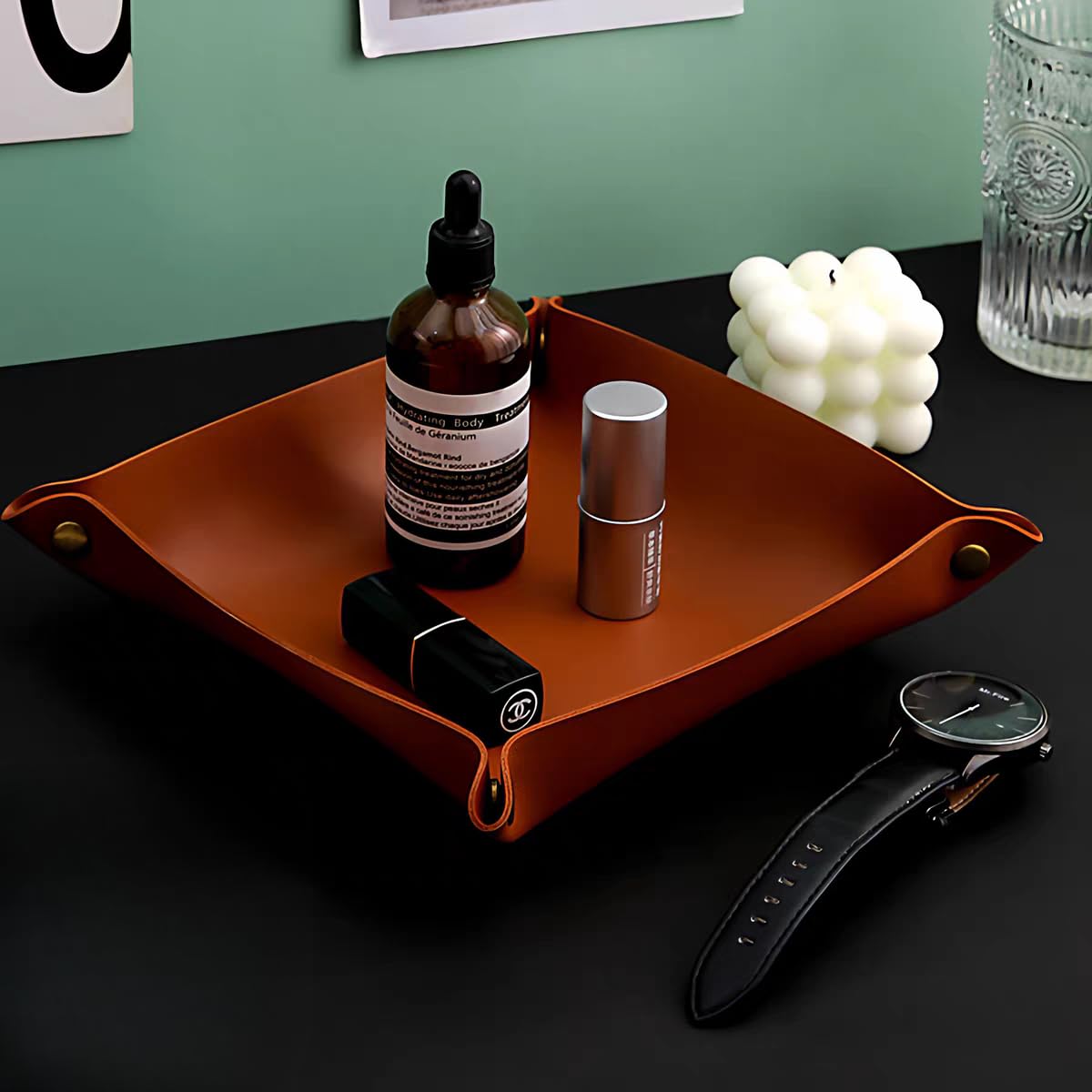 4 Pcs Portable Multi-Purpose PU Leather Valet Trays,Suitable for desks, entryways, nightstands.Perfectly organizes Small Items Like Jewelry, Keys, Paperclip,Glasses, Clamp, Headphones, Watches.