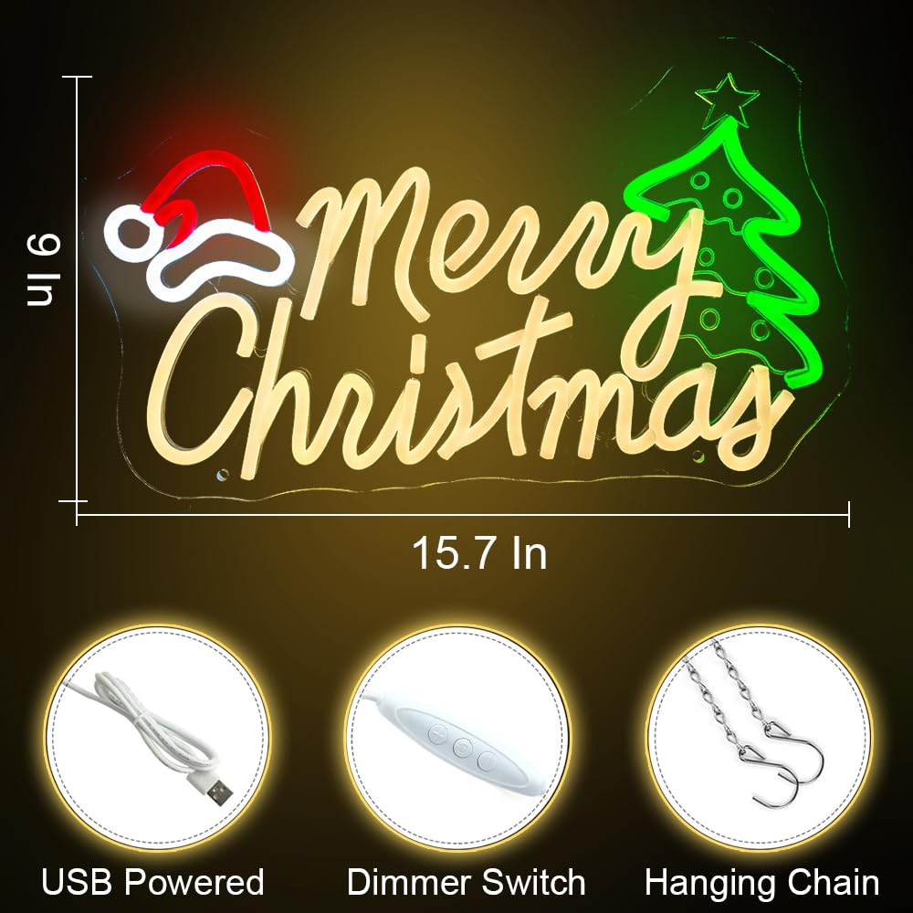 Merry Christmas Neon Sign Dimmable Led Neon Lights for Wall Decor USB Powered Christmas Decoration Xmas Light Up Sign for Party Home Window Bar Porch Front Door Holiday Gifts