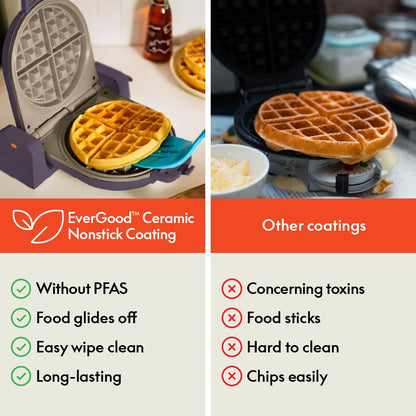 bella Flip-n-Store Waffle Maker with EverGood™ Ceramic Nonstick Coating, Fits-anywhere™ Kitchenware, Power Indicator Light, Cool Touch Handle & Cord Wrap, 7” Wide & 1" Deep Plates, 1000 Watt, Oatmilk