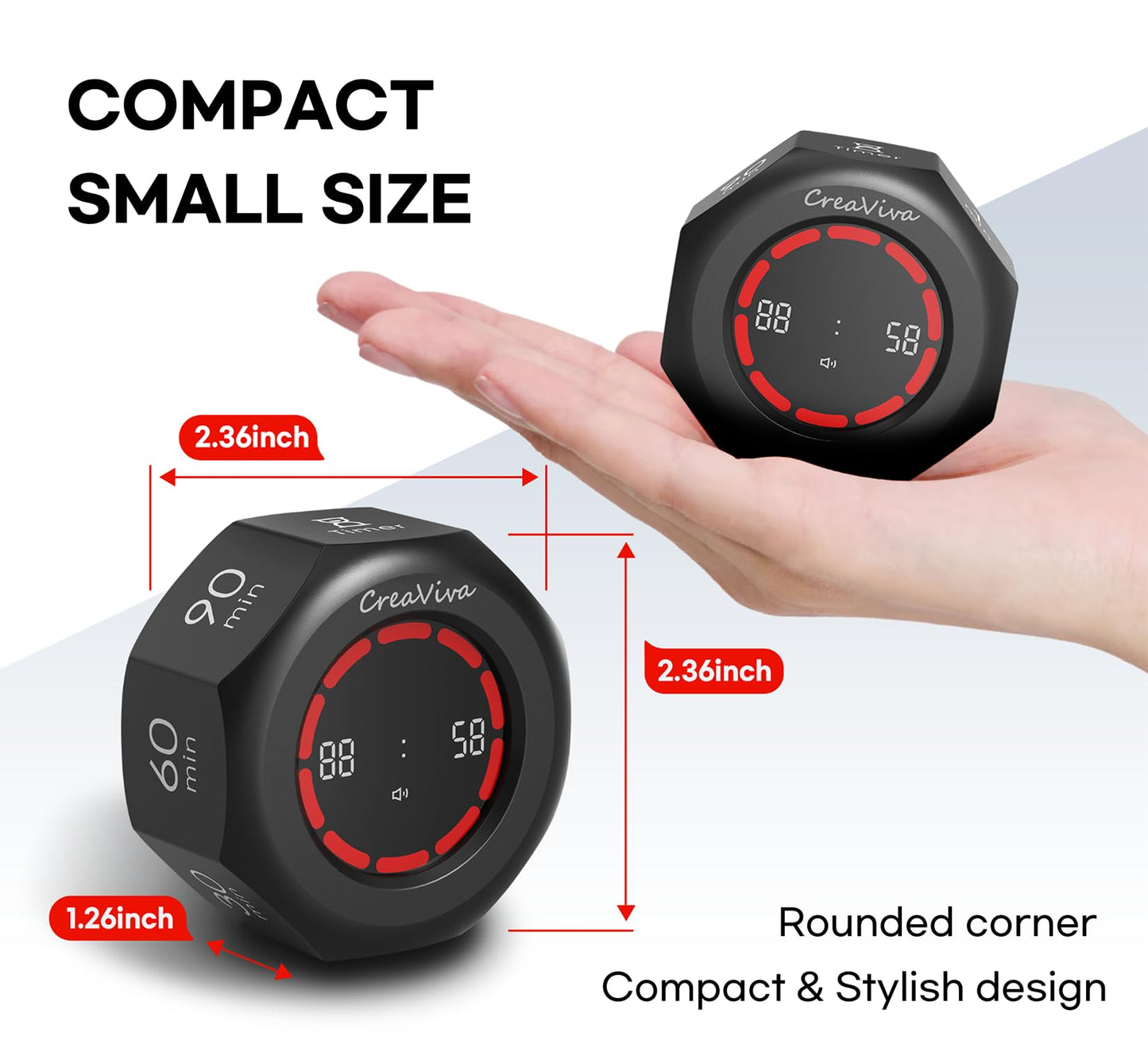 CREAVIVA Flip Cube Pomodoro Timer - Rechargeable Visual Countdown & Count Up Stopwatch, 7 Preset Intervals, 3 Alarm Modes, Productivity Tool for ADHD, Kids, Study, Work & Kitchen (Gray)