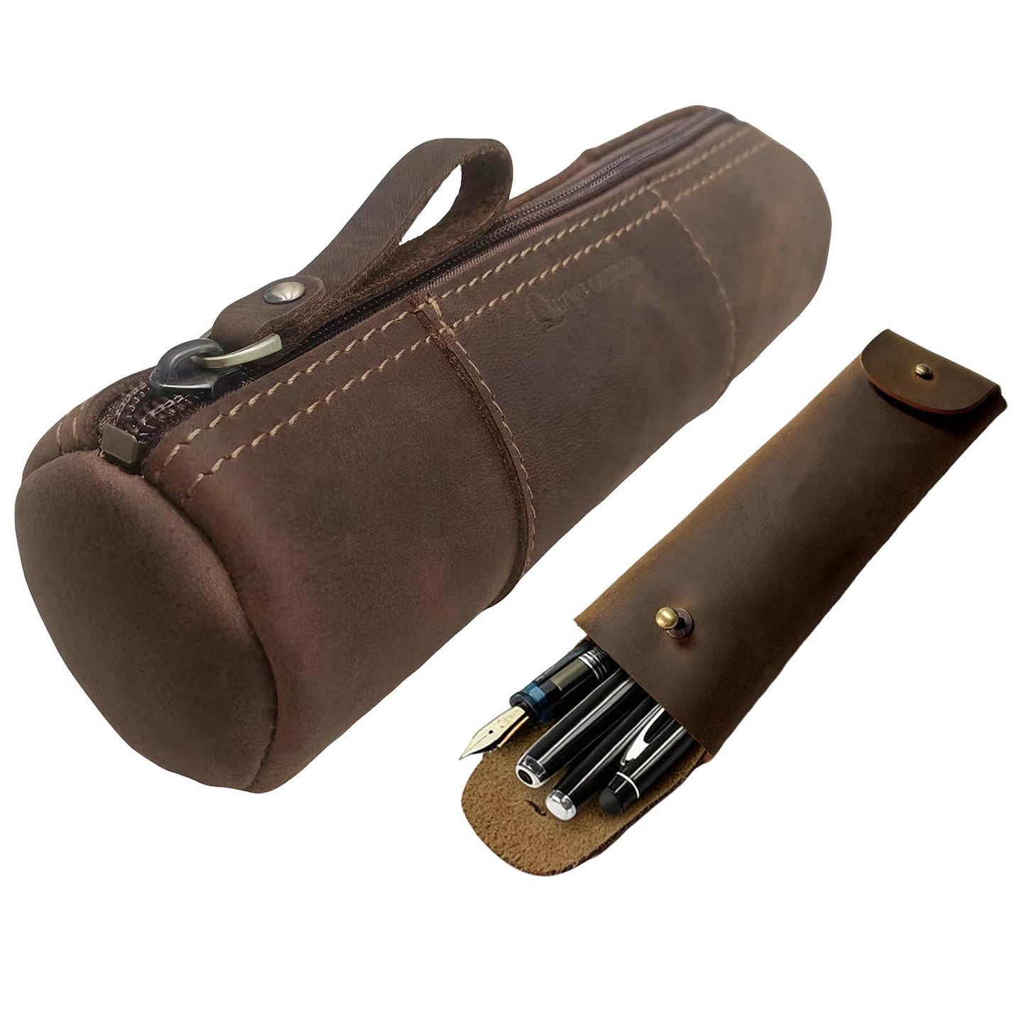 ququfortuna leather pencil case set -2pcs full grain leather zippered pen pouch bag, handmade stationery storage, elegant gift with high-end pencil pouch (brown set) (SET)