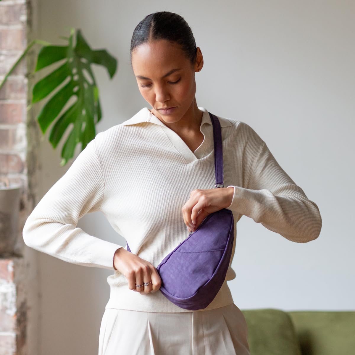 AmeriBag 10" Healthy Back Bag Nylon Ergonomic Crossbody Sling Baglett for Everyday Use, Travel & Walking Comfort (Amethyst)
