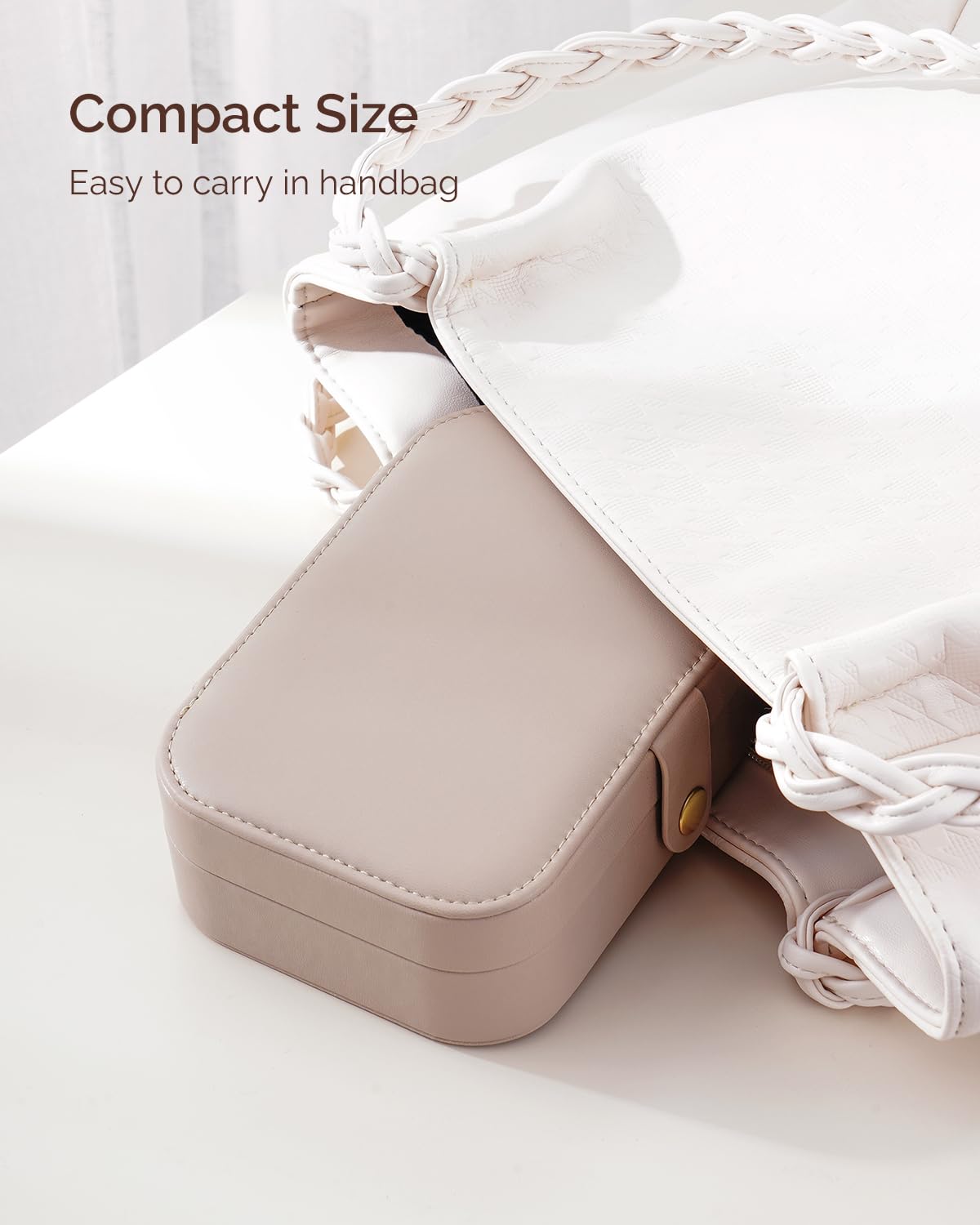 BIQI MUSSE Jewelry Travel Case, Portable Travel Jewelry Box for Women, PU Leather, Snap Closure, Jewelry Holder Organizer Travel Essentials, Light Taupe