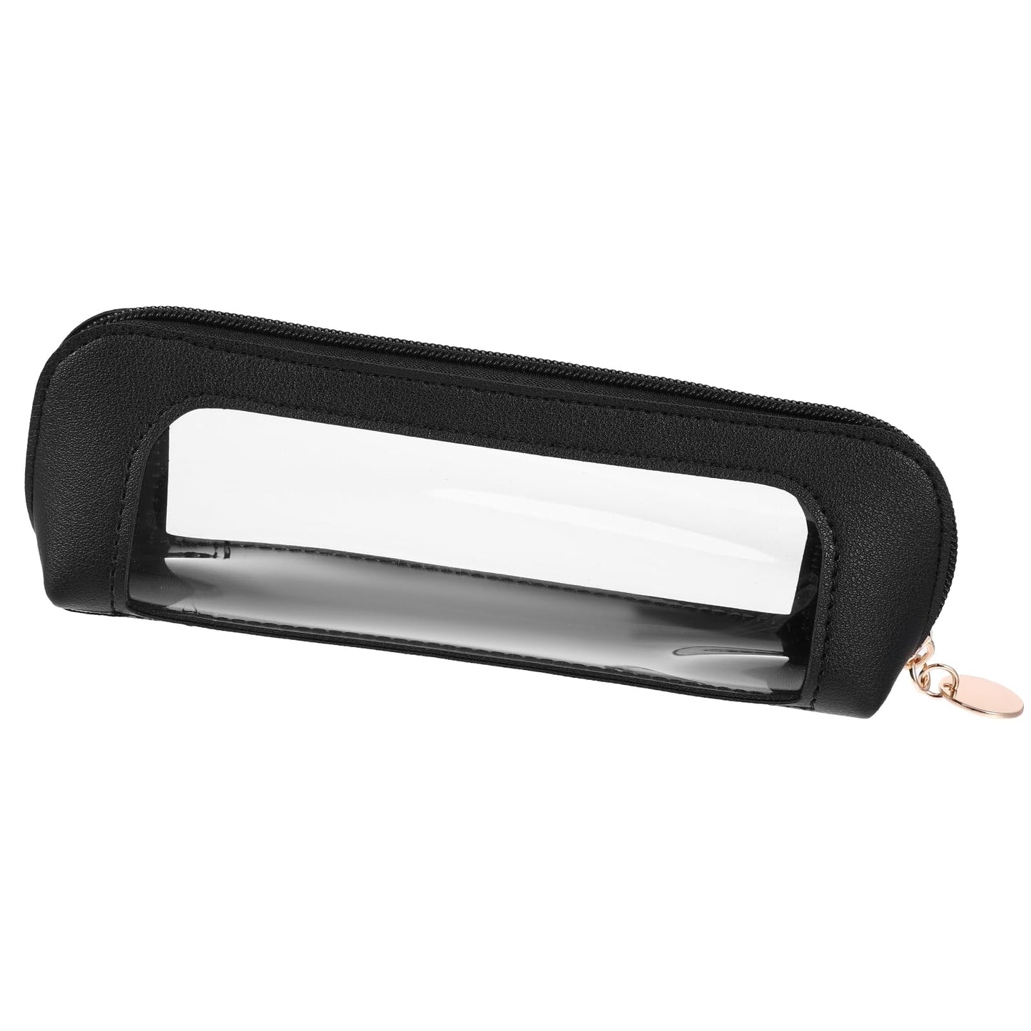 Psyqtsuary Clear Makeup Bag, PU Leather Mini Makeup Pouch Portable Makeup Brush Case Transparent Waterproof Cosmetic Organizer Pouch with Zipper for Women Home Travel Office Makeup Storage (Black)