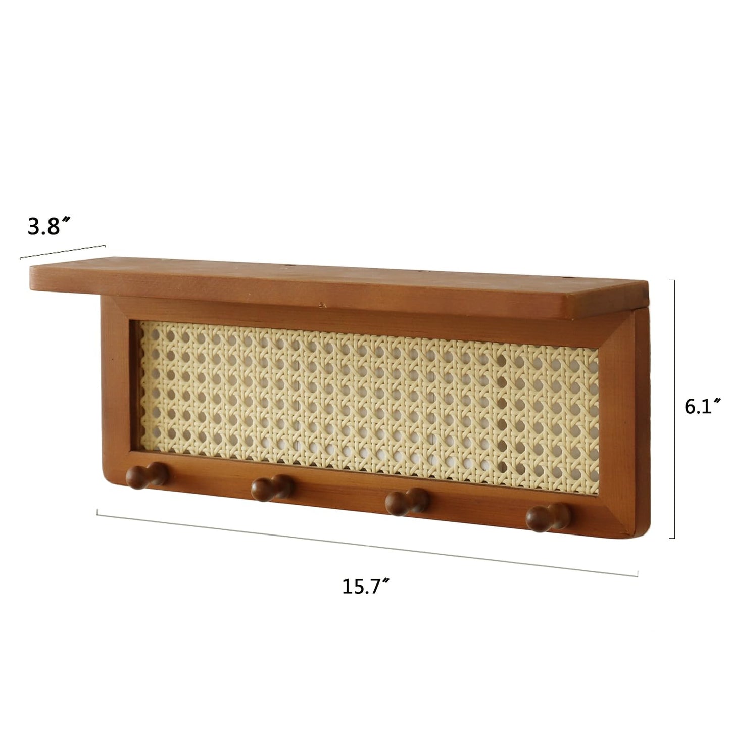 FRIADE PE Rattan Key Holder with 4 Key Hooks ,Wall Mounted Decorative Floating Shelf for Entryway,Nursery,Mudroom, Hallway, Office (Retro Brown)