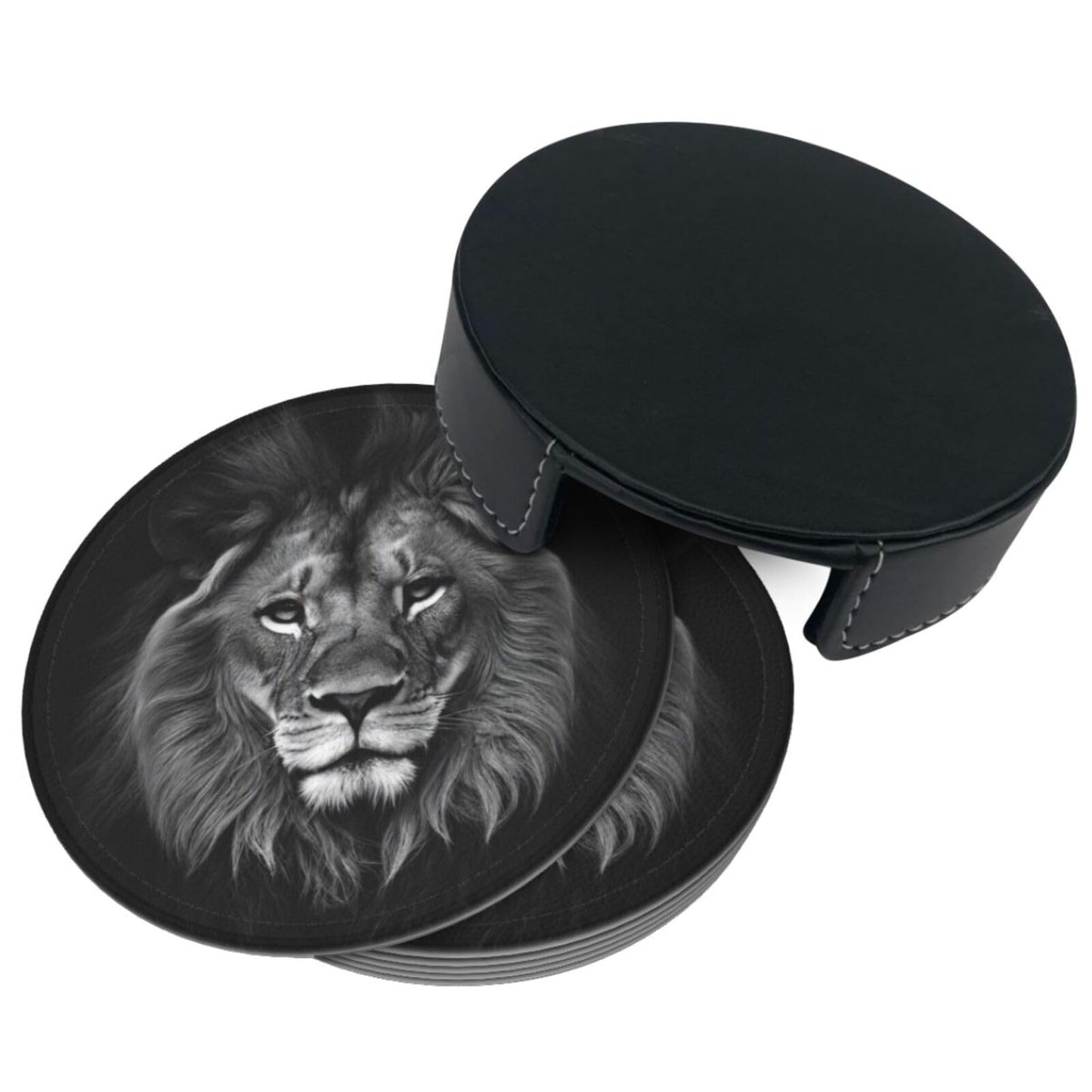 Famame 6 Pcs 3D Black Lion Leather Coasters for Drinks with Holder Coaster Sets Drink Table Cup Coasters for Living Room Kitchen Coffee Decor