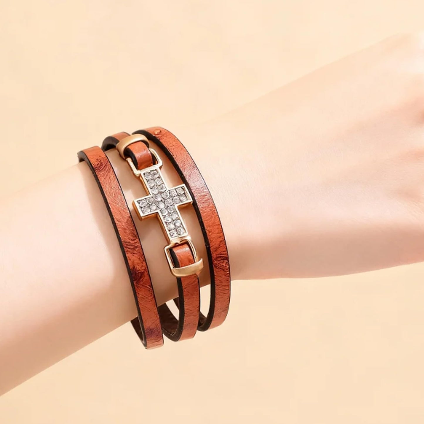Cross Leather Bracelets Wrap Bracelets for Women Layered Leather Bracelets Bangle Cuff Jewelry for Lady （Reddish brown）
