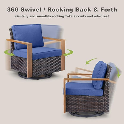 Rilyson Outdoor Patio Swivel Rocker Chairs - Wicker Rattan Patio Swivel Rocking Chairs Set of 2 with Metal Wide Armrest, Thick Cushions and Deep Seating for Deck Porch Sunroom Garden(Brown/Blue)