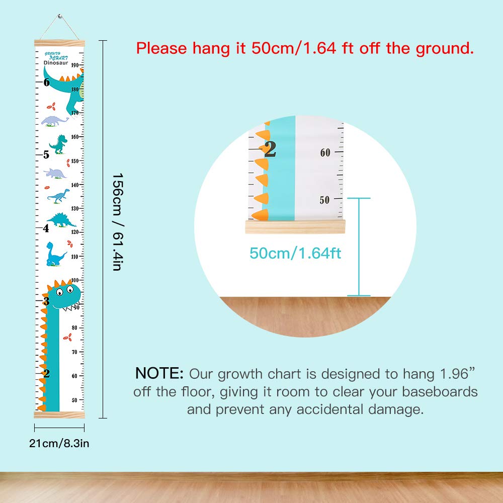 Growth Chart for Kids, Height Chart for Kids/Boys/Girls/Baby, Canvas & Wooden, Removable Growth Height Chart, Christmas Wall Room Decor -Dinosaur