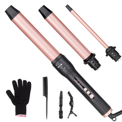 5 in 1 Curling Wand Set, Three Barrel Curling Iron Set with 3 Barrel Curling Iron and 4 Interchangeable Ceramic Curling Wand(0.5”-1.25”), Fast Heating, Include Glove & 2 Clips