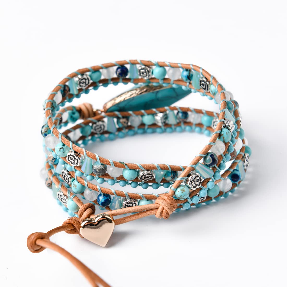YGLINE Boho Handmade Wrap Leather Tube Crystal Stone Bracelet for Women (Turquoise-3 wrap)