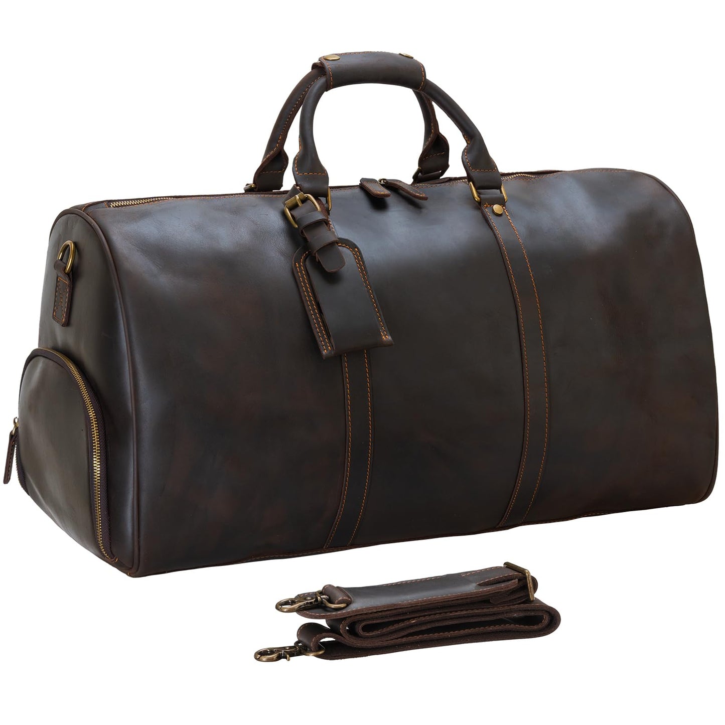 Leather Duffle Bags for Men with Shoe Compartment – 23.6" x 12.6" x 11" Travel Bag, Gym Bag, Also Suitable for Crossbody or Shoulder Carry, Dark Brown Large Size