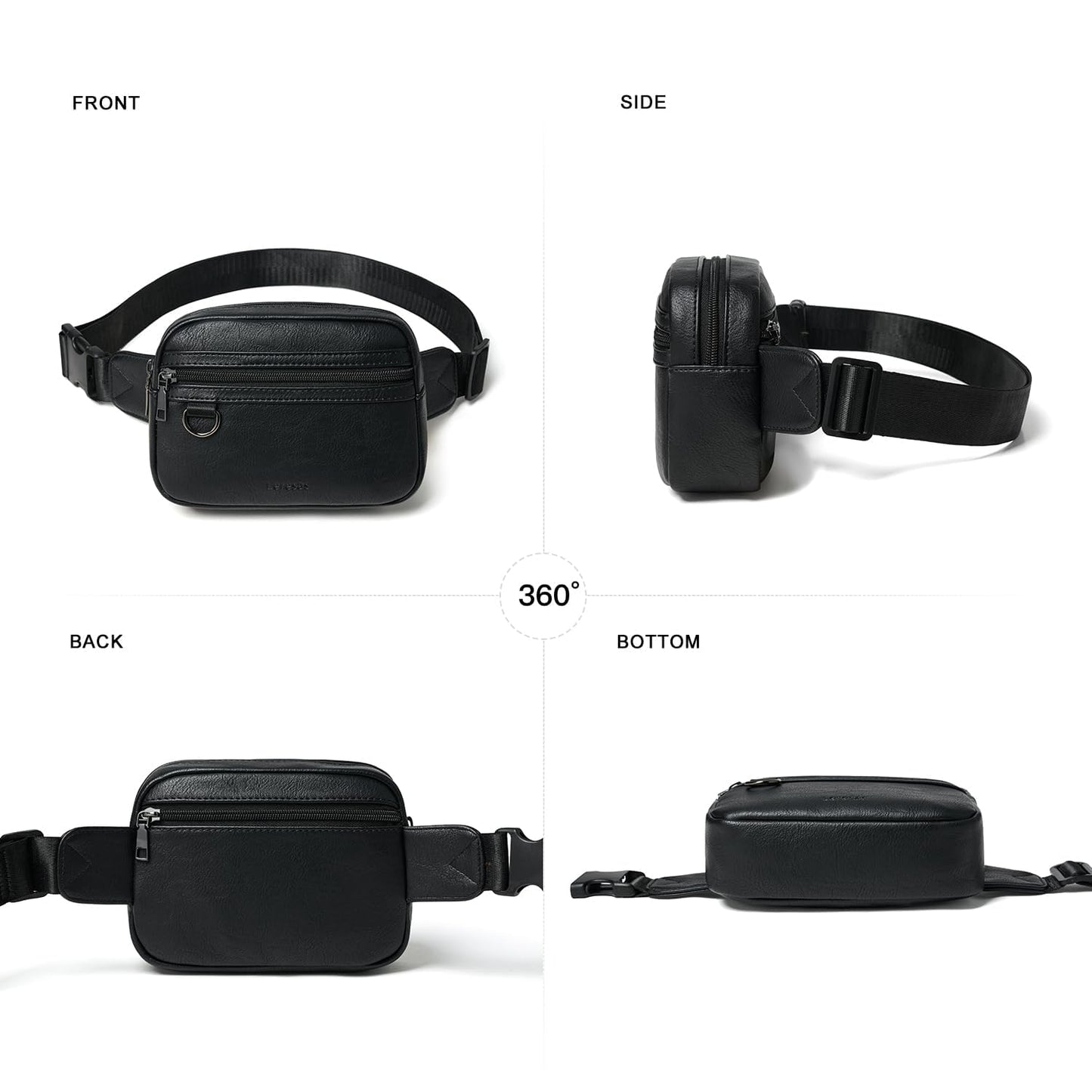 Leresas 2L Fanny Packs for Women Men Corss Body Belt Bag Waist Pack Vegan Leather Trendy Travel Cycling Waterproof Black