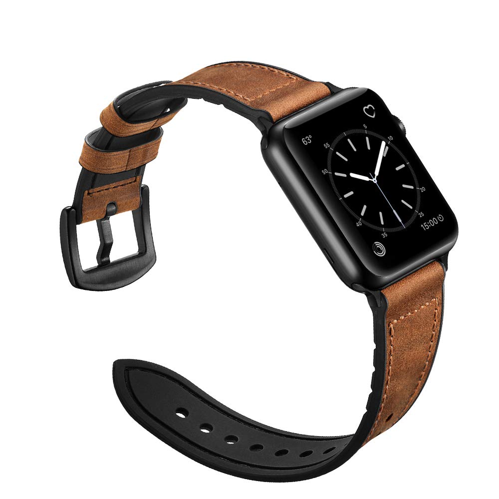 OUHENG Leather Bands Compatible with Apple Watch Band 49mm/46mm/45mm/44mm/42mm, Sweatproof Leather Rubber Hybrid Strap for iWatch Ultra 3/2/1 Series 11 10 9 8 7 6 5 4 3 2 1 SE 3/2/1, Brown/Black