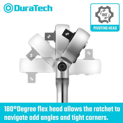DURATECH 3-Piece Flex-Head Ratchet Set, 1/4", 3/8", 1/2" Drive Ratchet, 72-Tooth with Quick-Release Reversible Design, Chrome Alloy Made, Fully Polished, Organized in Storage Case