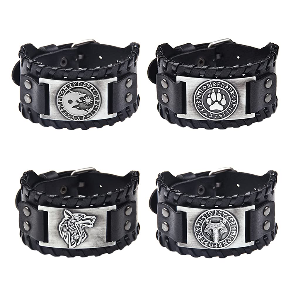 TURTLEDOVE 4 PCS Viking Leather Bracelet - Medieval Leather Cuff Wristband of Wolf Fenrir