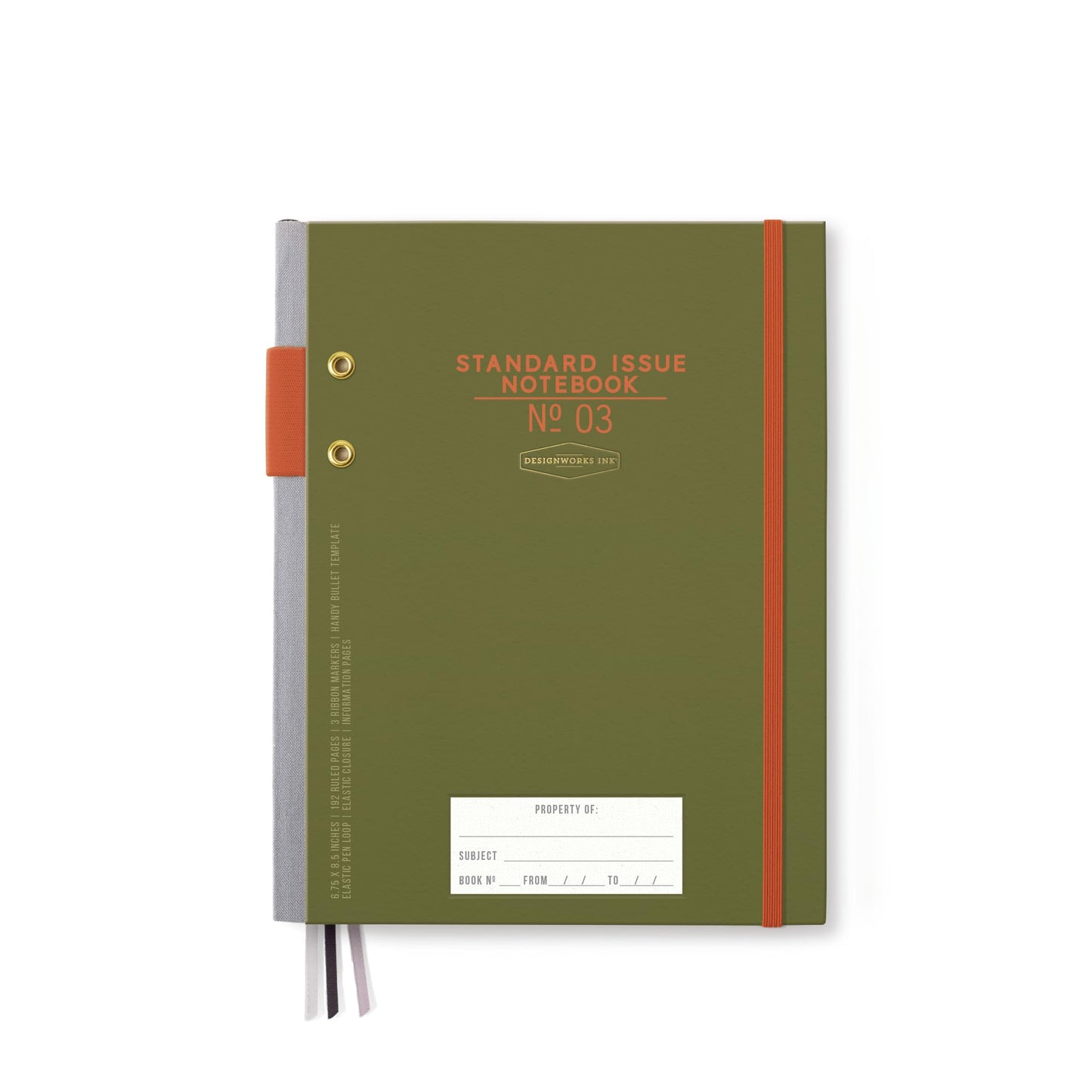 DesignWorks Ink Standard Issue Notebook No. 3, Undated Daily Planner & Writing Journal, 192 Lined Pages, Pen Holder, Small Notebook for Work & Journaling, 6.75 x 8.5 in, Army Green Chili