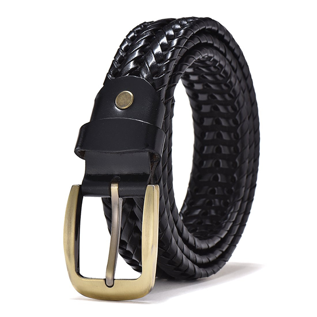 ECHAIN Men Braided Woven Genuine Leather Belt (Waist:34-36, Black)