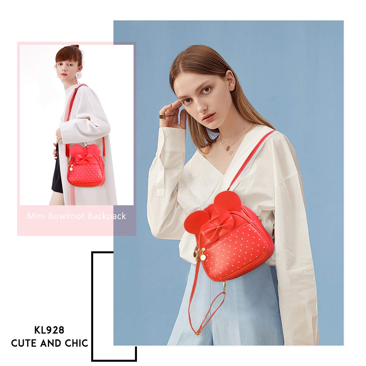 KL928 Girls Mini Backpack Bowknot Polka Dot Cute Small Daypacks Convertible Shoulder Bag Purse for Women
