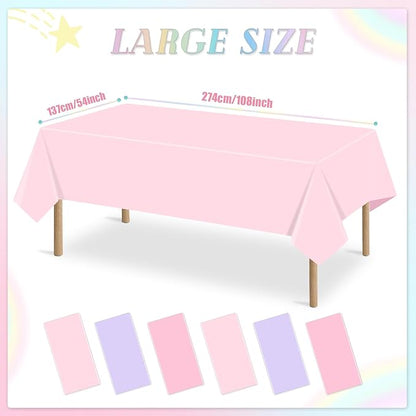 6 Packs Disposable Plastic Tablecloths 54 x 108 Inch Light Color Rectangle Tablecloth Waterproof Table Covers for Baby Shower Girl Birthday Princess Party Cake Decoration