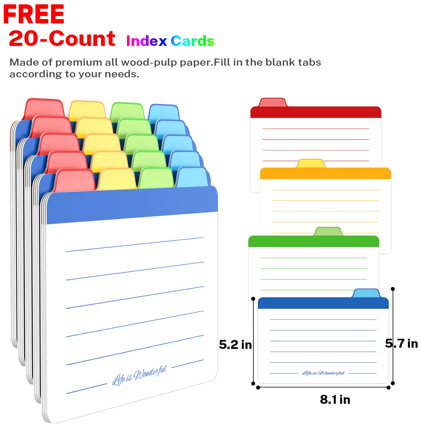 Neando 5x8 Index Card Organizer with Lid – Extra Large Acacia Wood Storage Box with 4 Compartments, 20 Blank Tabs, Holds 600 Cards – File Box for Recipes, Projects, School Notes & Office Organization