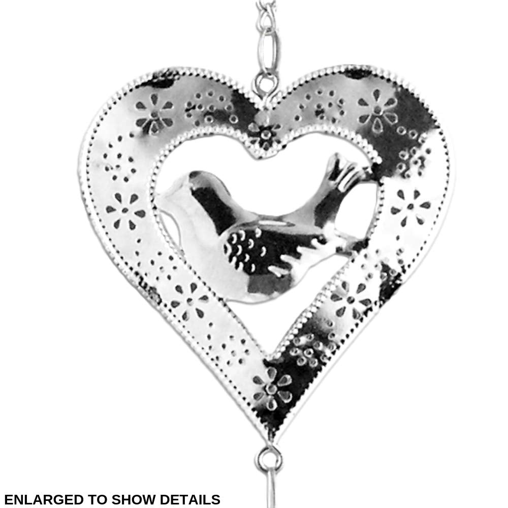 Hanging Garden Decor Hearts and Birds Mobile, Silver Filigree Outdoor Decoration with Glass Marbles and Bell Chime, 38 Inch Metal Wind Chime Mobile for Patio, Porch, Yard, Balcony, Garden Gift