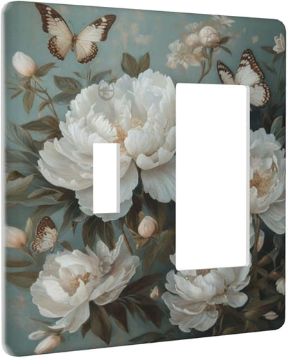 Decorative Art Light Switch Covers Butterflies & Peonies 2 Gang Single Toggle Rocker Combination Electrical Faceplate Switchplate Wall Plate for Home Decor