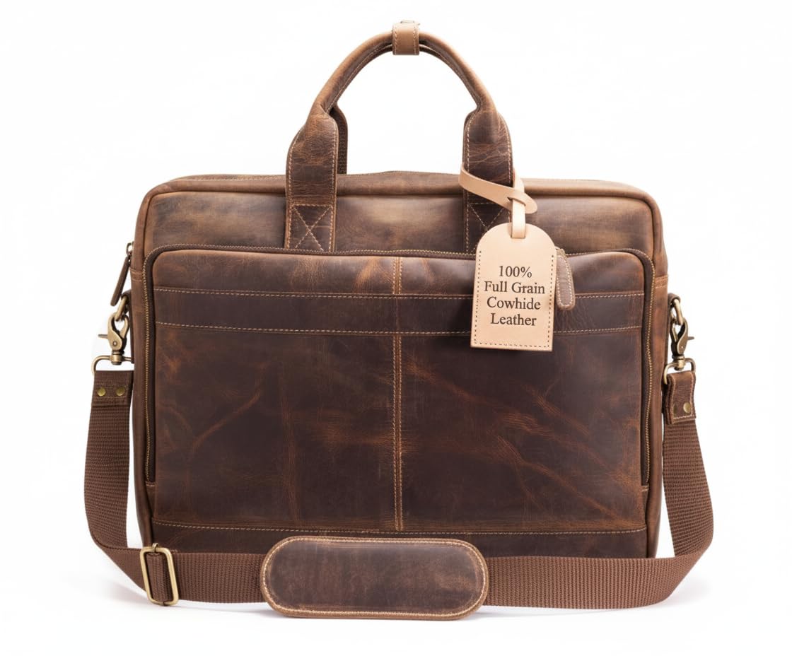 NomadCraftsCo. Brown Leather Messenger Bag for Men, Genuine Leather Briefcase, 18 Inch Work Satchel for Office, Travel, and Business Use