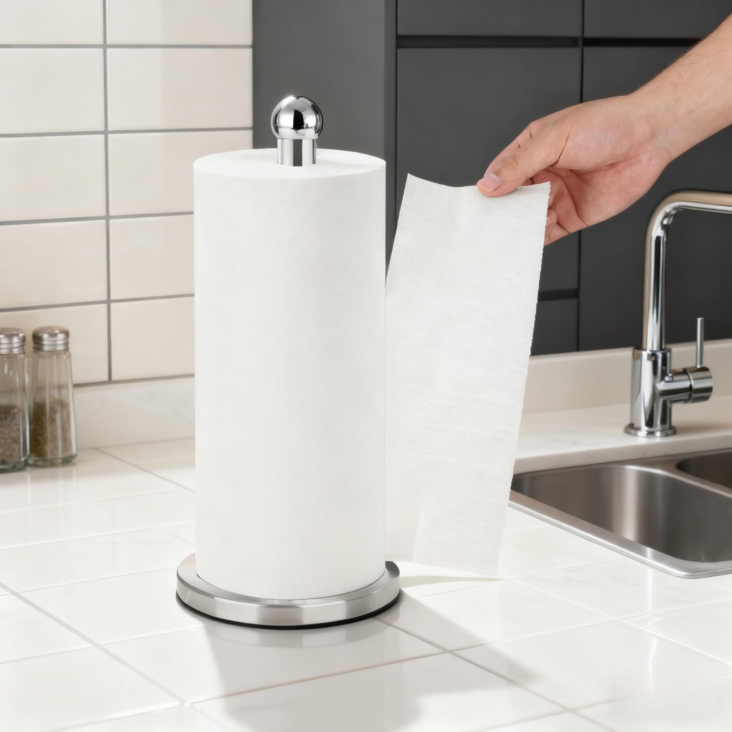 DAWNER Paper Towel Holder Countertop, Freestanding Kitchen Paper Holder Stand, One-Handed Tear, Stainless Steel, Paper Towel Dispenser with Weighted Base for Standard Towel Rolls, Brushed Nickel