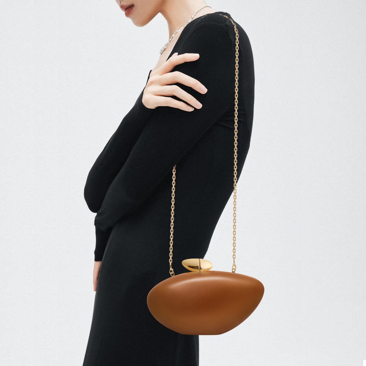 NEWROGENG Shell Clutch Purse for Women, Leather Evening Bag with Magnetic Closure, Elegant Wedding Party Clutch Handbags, Leather Caramel
