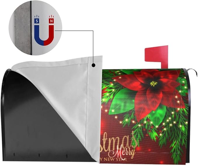 Christmas Mailbox Covers Poinsettia Gold Snowflake Xmas Magnetic Letter Post Box Cover Standard Size 25.5 x 21 Inch Garden Yard Home New Year Holiday Decorative
