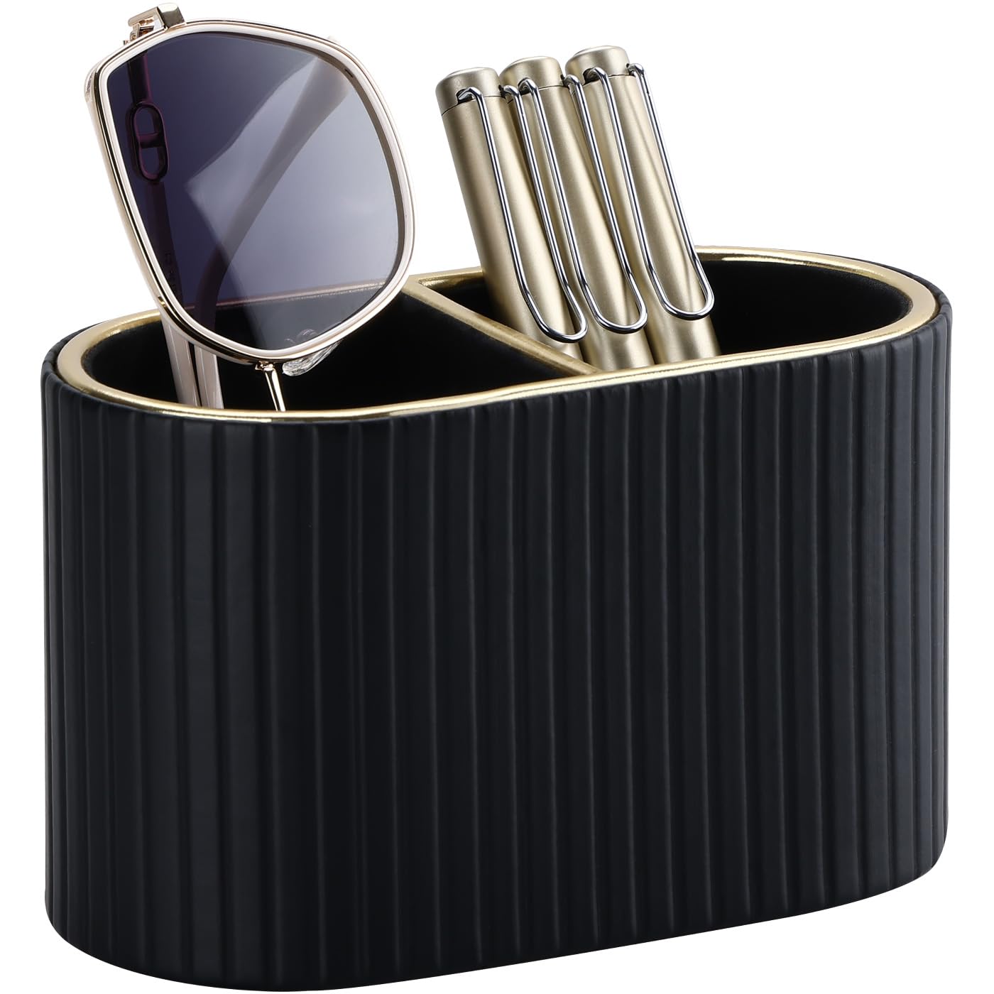 KINGFOM PU Leather Desk Organizer Pen Holder – Dual-Compartment Stylish Pencil Cup Remote Control Holder Desktop Supplies and Accessories Organizer Caddy for Office Home School (Black)