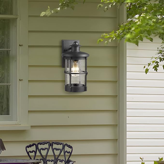 Outdoor Wall Sconces - Exterior Wall Mount Lighting Fixture in Black Finish with Seeded Glass (2 Pack)